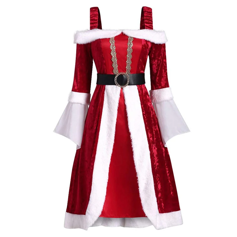 Moterų Kalėdų Dress Pūkas Susiuvimo Plius Dydis Off Shouler Šalis Santa Dress Up Harajuku Vidurio Blauzdos Ilgio Suknelė Moterų Panele