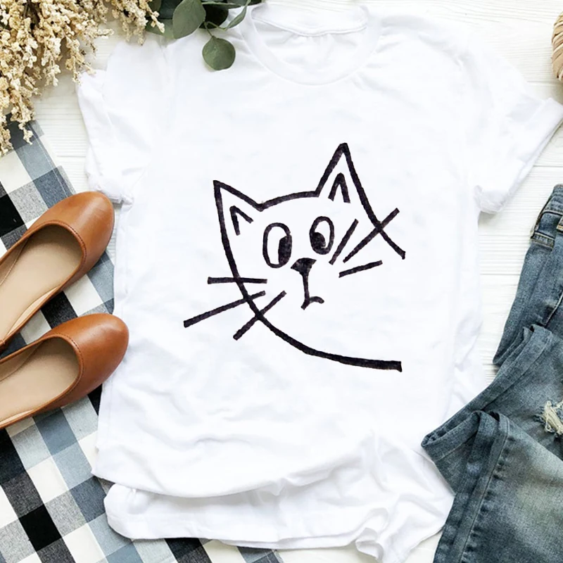 Moterų Lady Cat Animacinių filmų Vasaros Rudens Kawaii Gyvūnų Spausdinti Marškinėliai T Tee už Moteriškų Drabužių Marškinėlius Moterų Top Grafinis T-shirt