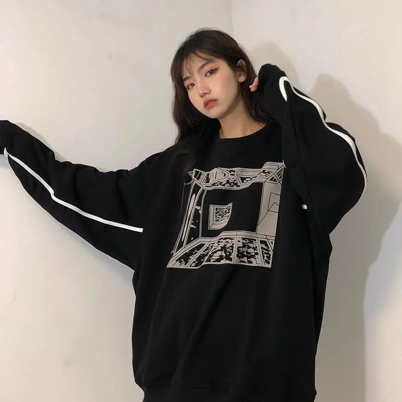 Moterų, Mergaičių, Hoodies Prarasti Pavasario Juodas megztinis vyrams ir moterims Japonų gatvės mados prekės ženklo ilgomis rankovėmis prarasti hoodie