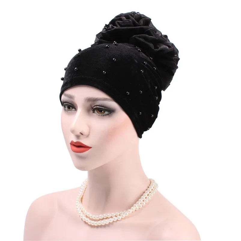 Musulmonų Moterys Ruožas Velvet Pearl Gėlių Turbaną Skrybėlės Chemo Kepuraitė Kepurės Bandana Hijab Plisuotas Įvyniojimas Dangtelis Plaukų Slinkimas Vėžys
