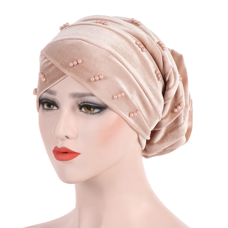 Musulmonų galvos skara moterų hijab kepurės Velveteen pearl turbaną skrybėlę Musulmonų turbaną lankstymo krūva skrybėlių Mados Megzti Skara Hijabs