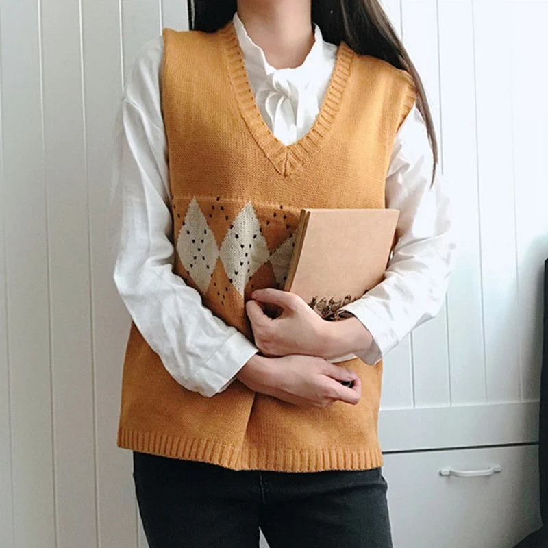 Muyogrt Moterų Megztinis Liemenė Rudenį 2020 Korėjos Stilius Derliaus Geometrinis Argyle V Kaklo, Rankovių Puloveriai, Megzti Megztiniai