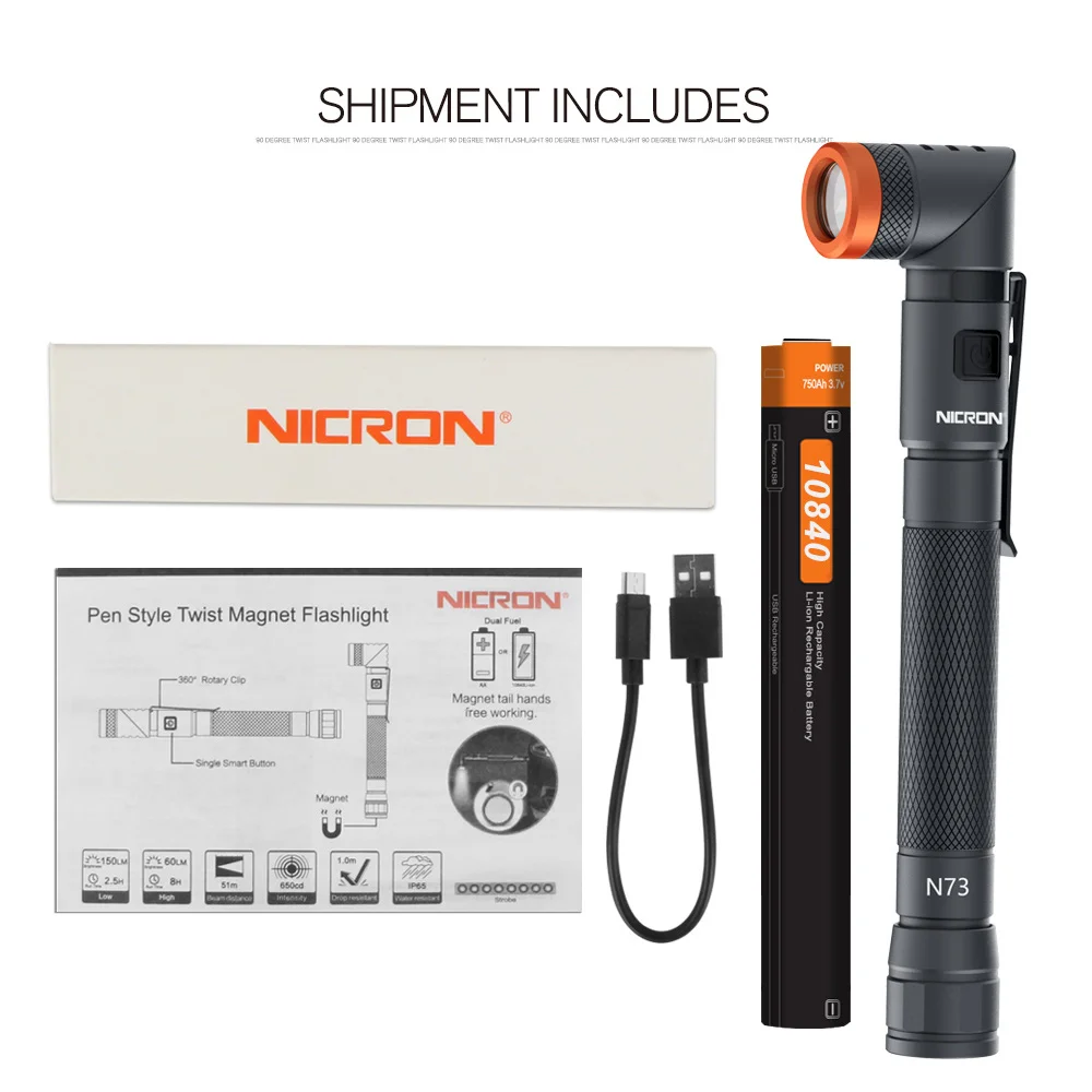 NICRON Pen Stiliaus Magnetas Žibintuvėlis Įkraunamas 150LM 90° Twist 10840 Li-ion Baterija Vandeniui IP65 Mini Namų Žibinto Lempa N73