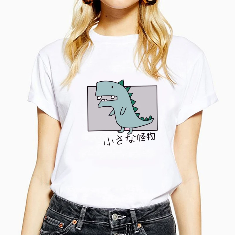 Nauja Vasaros Moterų, O-kaklo trumpomis Rankovėmis Studentų Mažai Monstras Spausdinti Ins Mados Medvilnės Harajuku Kawaii Dinozaurų Animacinių filmų T-shirt