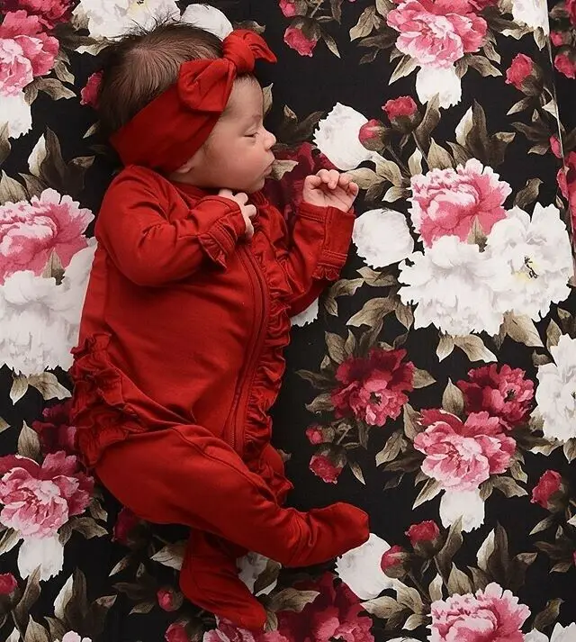 Naujagimio Romper Berniukas Mergaitė ilgomis Rankovėmis Raudona Pynimas Užtrauktukas Romper Jumpsuit Lankelis Sleepwear Pižamos Baby Girl Drabužius 0-18M