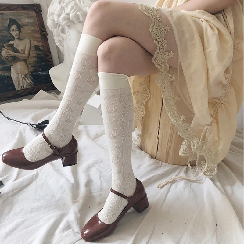 Naujas Baltos spalvos Nėrinių Kojinės Moterims, Siuvinėjimas, Gėlių Didelio Kelio Kojinių Moteris Ilgai Gyvulių Kojų Elsatic Streetwear calcetines