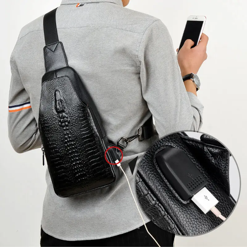 Naujas Mados Vyrų Krūtinės Messenger Bag Maišus Oda USB įkrovimo Atsitiktinis vyriški Kelionės Krepšiai, Kuprinės Krokodilo modelis Crossbody Krepšys