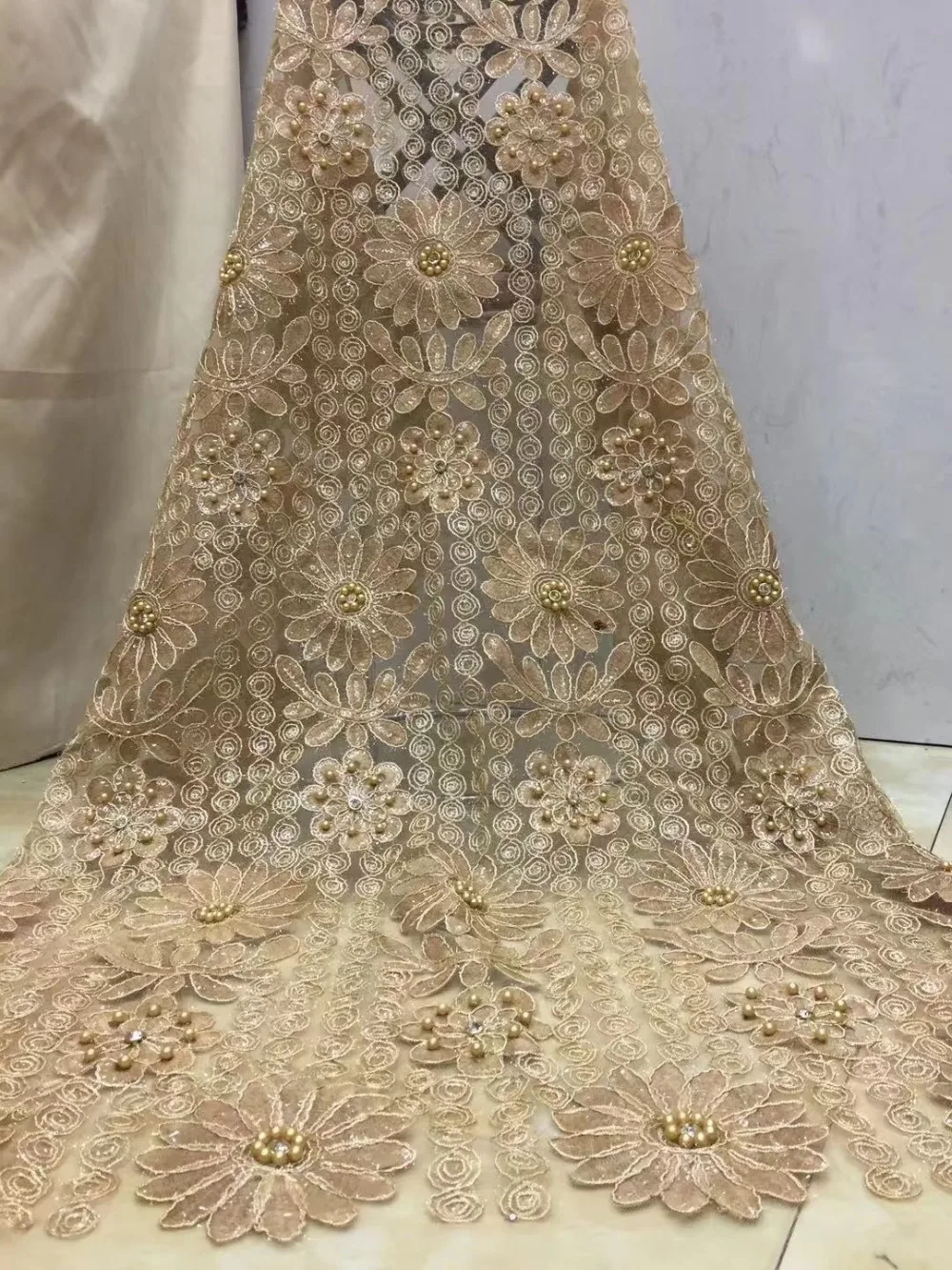Naujausios Afrikos nėriniais, šifono audinių Nigerija vestuvių suknelė gražių karoliukų, audinių TS7736