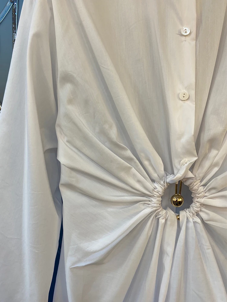 Nemokamas pristatymas atvartas, plisuotos Zou juosmens juosmens tuščiavidurių metalo žiedas apdaila ilgai marškinėliai moterų rudenį naujų mados asmenybės laukinių