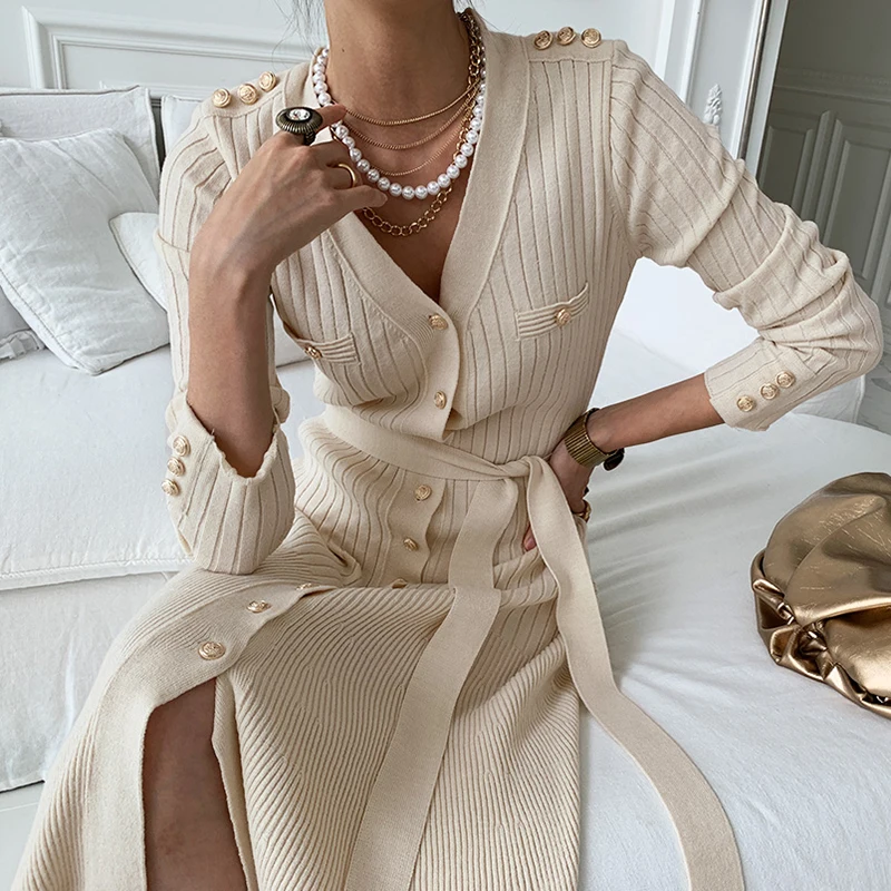 Nomikuma Megzti Slim Suknelės korėjos Vieną Krūtinėmis Long Sleeve V-neck Sweater Dress Naujas Diržas Plonas Juosmens Elegantiškas Vestidos 6D792