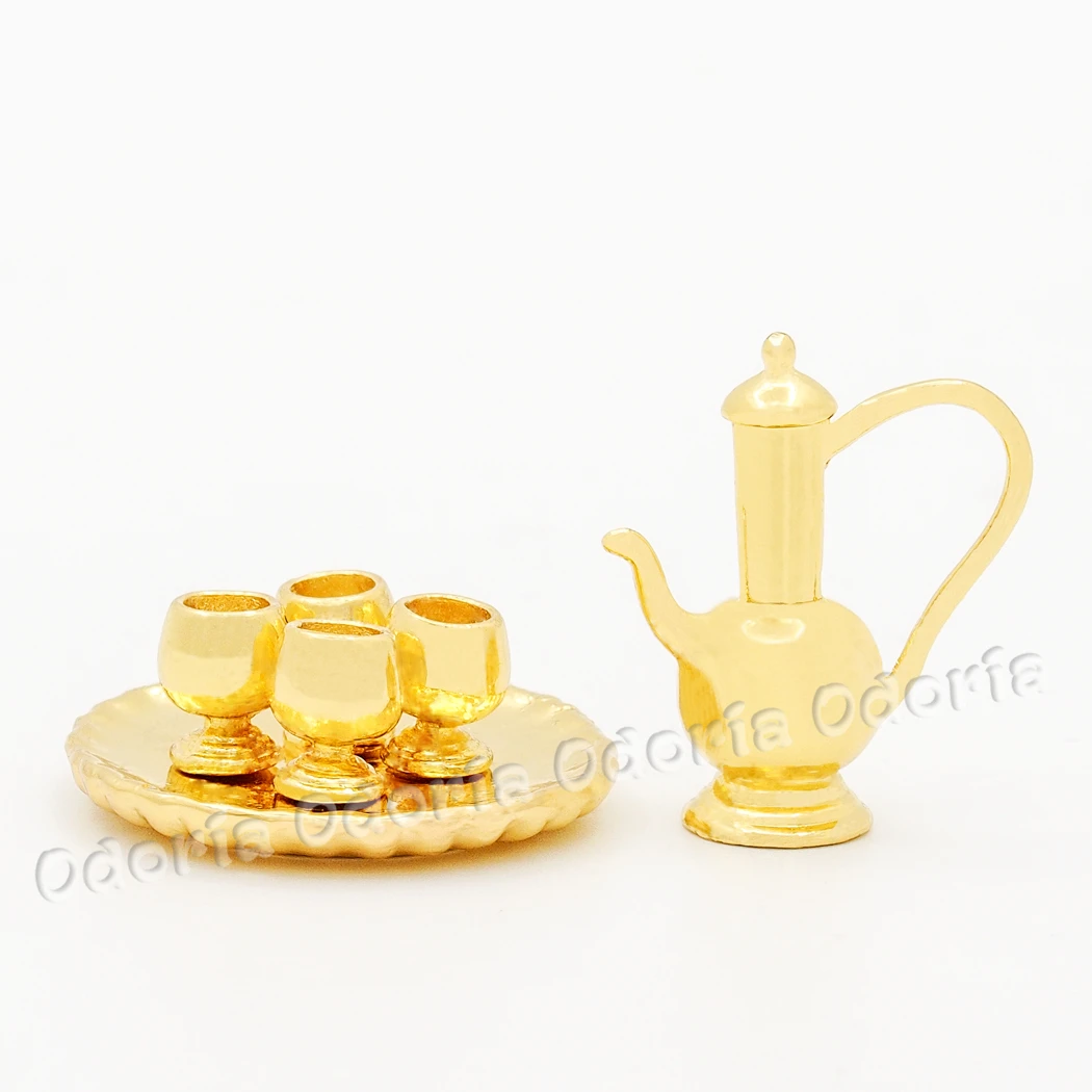 Odoria 1:12 Miniatiūriniai arabų Ąsotis Derliaus Metalo su 4 Taurių & Dėklas Nustatyti Stalo Lėlių namelis