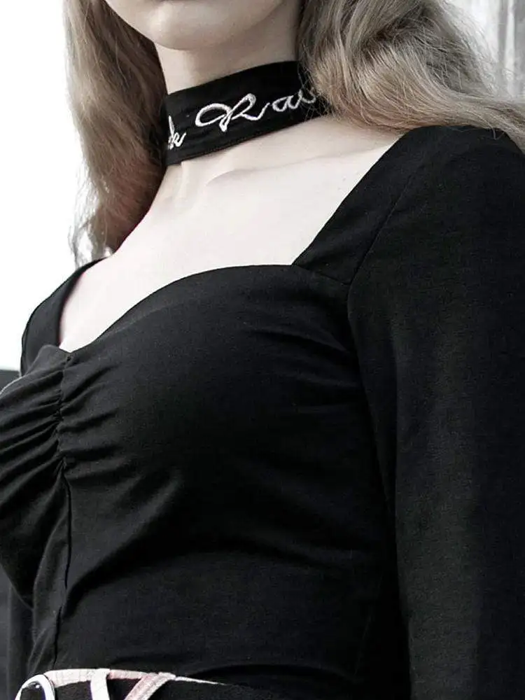 PUNK RAVE Mergina Aikštės Apykaklės Apynasrio Ilgas Rankovėmis Black marškinėliai Atsitiktinis Seksualus, Moterų Topai