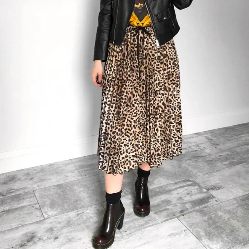 Paryžiaus Mergina Derliaus Leopardas Spausdinti Plisuotos Kelnės Moterims Punk Rock Korėjos Sijonas Streetwear Elastinga Raišteliu Juosmens Ponios Midi