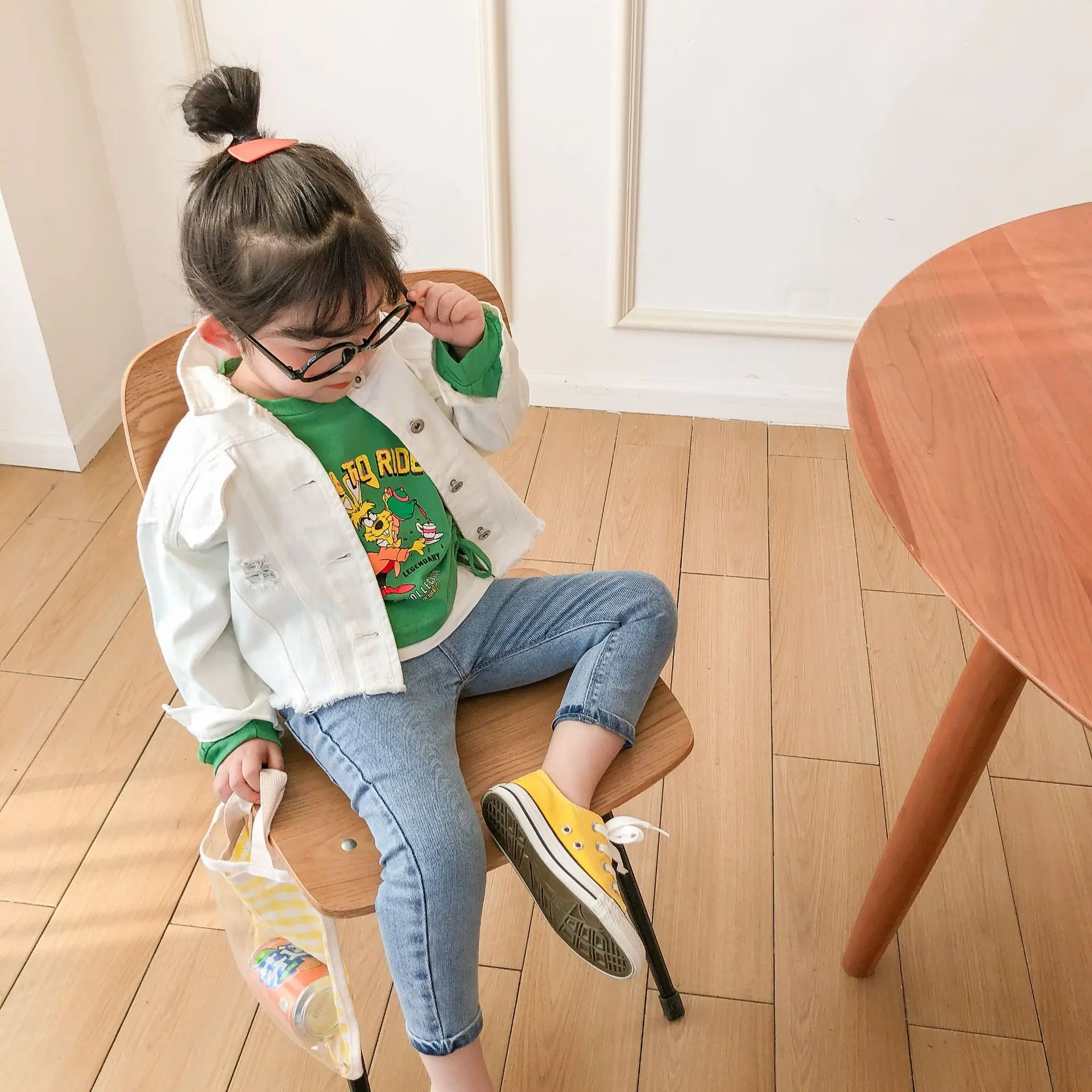 Pavasarį ir Rudenį Naują Atvykimo korėjos stiliaus medvilnės atsitiktinis mados laiškai spausdinami atgal trumpas džinsinis švarkas kietas cute baby girl