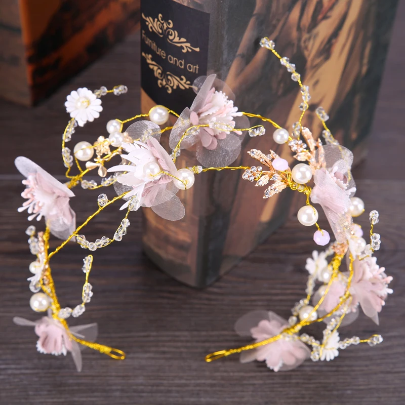 Pink Gėlių Aukso Spalvos Vestuviniai Kaspinai Vestuvių Pearl kalnų krištolas Plaukų Papuošalai Tiara Už Nuotaka ir Mergina Gėlių Stilius Plaukams