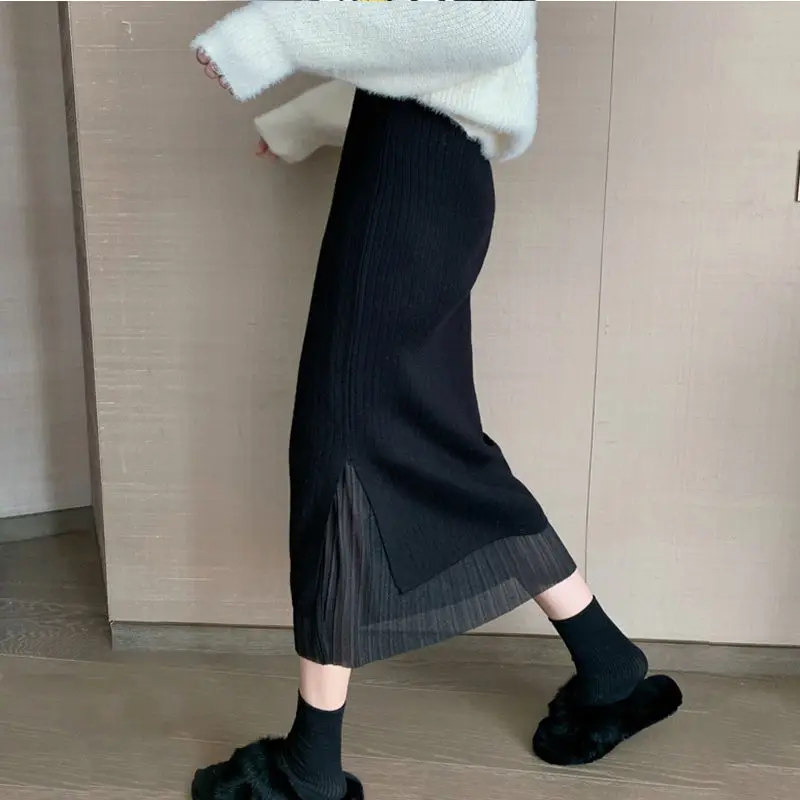 Plisuotos padalinta megztas sijonas moterų rudenį ir žiemą 2020 nauji ilgi aukštos juosmens, klubų sijonas akių Tiesiai Atsitiktinis Kietas