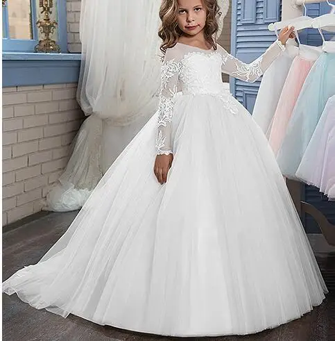 Princesė Šampano Tiulio Nėrinių Gėlių Mergaičių Suknelės Ilgomis Rankovėmis Vien Kaklo Vaikas, Kūdikis, Pirmosios Komunijos Suknelės Gimtadienio Suknelė