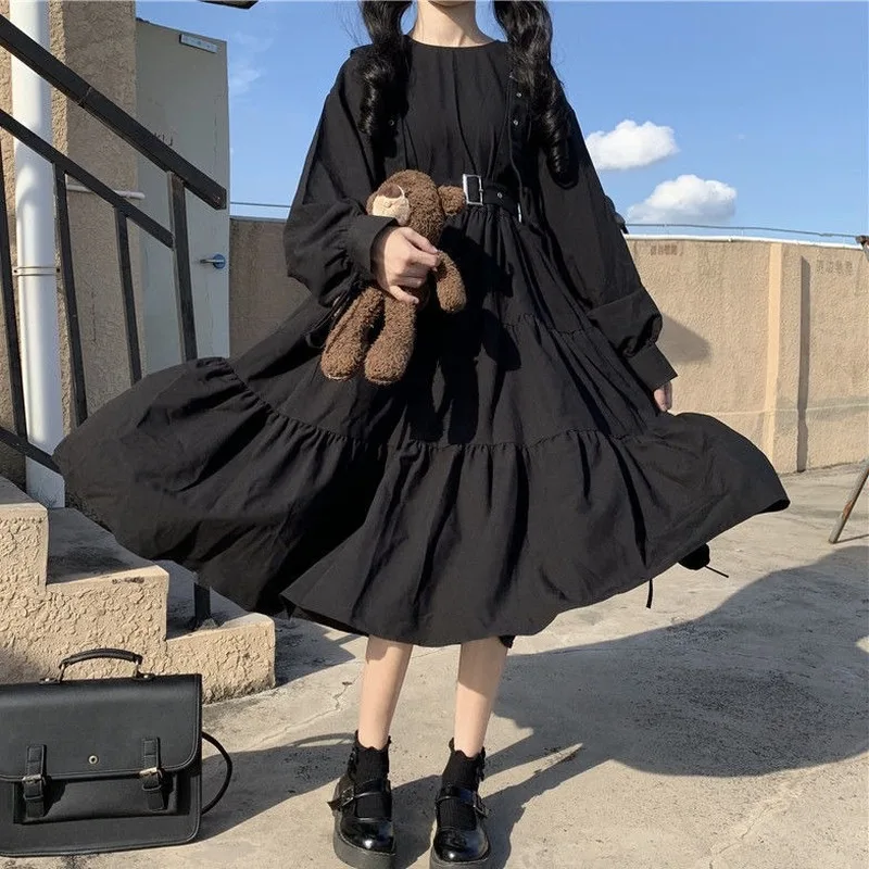 QWEEK Punk Dress Goth Moterų Gotikos Stiliaus Kawaii Suknelė Gothic Punk Mall Japonijos Harajuku Midi ilgomis Rankovėmis Juoda Suknelė Emo 2021