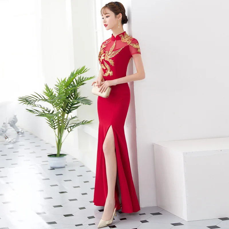 Raudona tradicinės Kinų stiliaus Nuotaka vestuvių Suknelės Siuvinėjimo cheongsam suknelė skraiste Šalies vakarinę suknelę tuoktis Qipao Vestido S-3XL