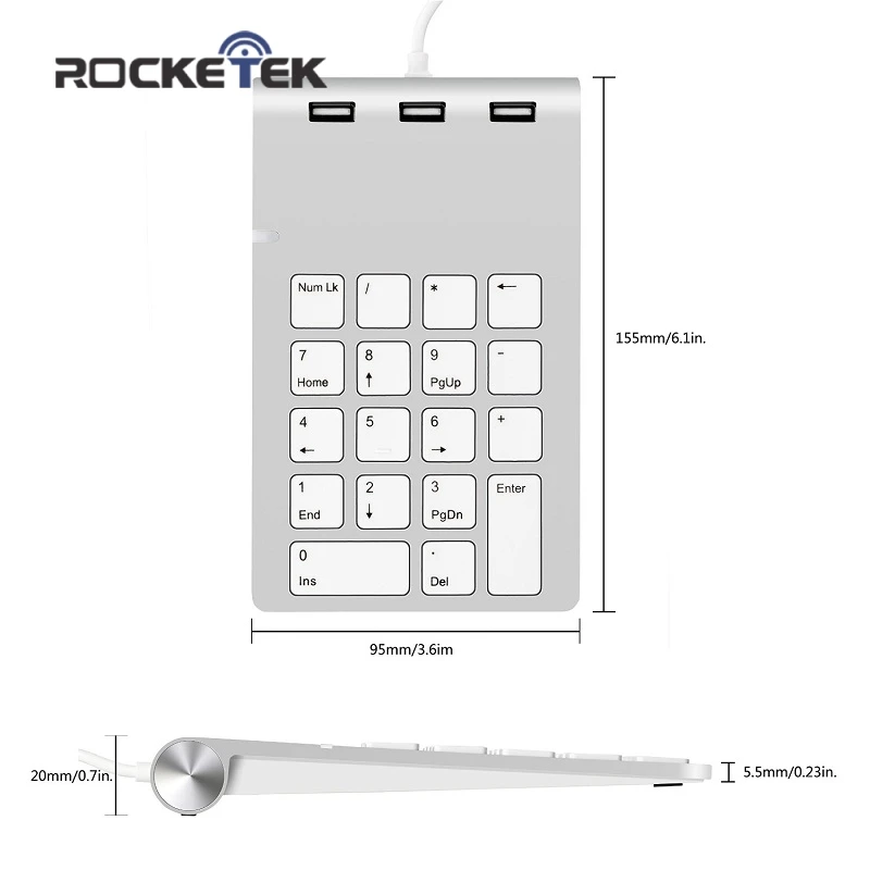 Rocketek USB Skaitinė Klaviatūra 18 Klavišus su trimis USB 2.0 Koncentratorius Mini Skaitmeninė Klaviatūra Ultra Slim Skaičių Pad PC
