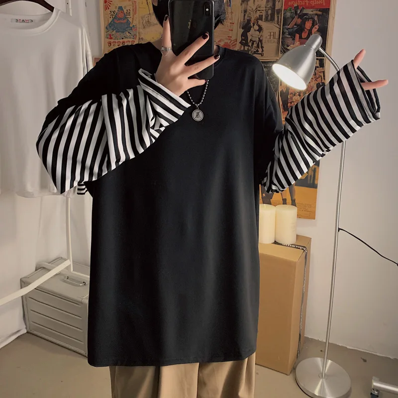 Rudenį Korėjos Kratinys Juostelės Netikrą Dviejų Dalių Prarasti Dugno Marškinėliai Joker Ilgomis Rankovėmis Harajuku Drabužius Vyrų Jaunimo Streetwear
