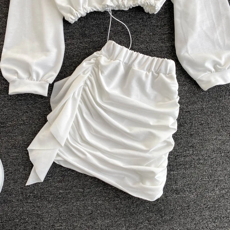 Rudenį Streetwear Moterų 2vnt Nustatyti Juoda/Balta O-kaklo, ilgomis Rankovėmis Tuščiaviduriai Iš Marškinėlių Ir Pynimas Mini Sijonai Moterų Mados Rinkiniai Kostiumas