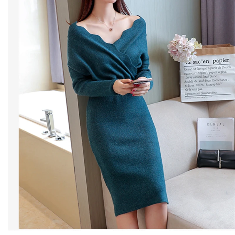 Rudenį, Žiemą Naujas Korėjiečių Džemperis Moterims, Ilgai Mezgimo Megztinis Mėlyna Suknelė Marškinėliai Slim Kelio Mados