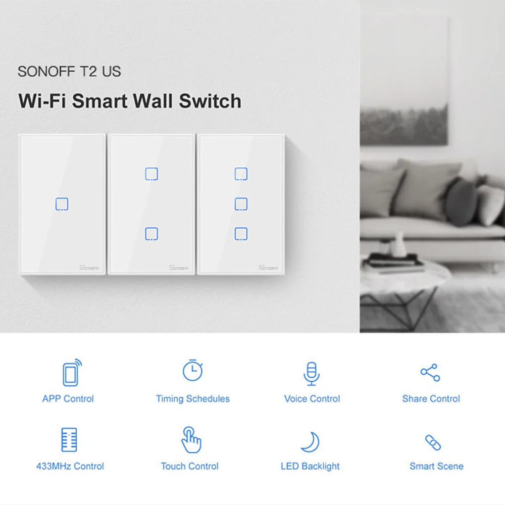 SONOFF T2US TX Smart Wifi Touch Wall Šviesos Jungiklis Sienos 1/2/3 Gauja 433 RF/Balso/APP Kontrolės Darbai Su Alexa Smart Home