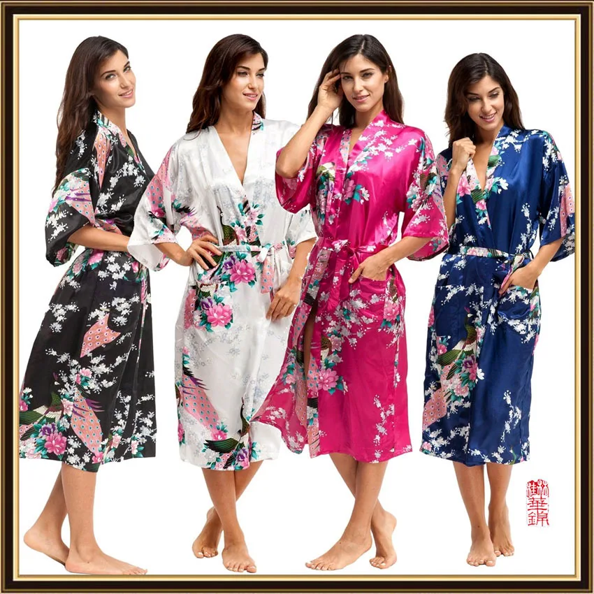 Satino, Šilko V-kaklo Moteris Pižamą Japonų Stiliaus Yukata Ilga Suknelė Sklandžiai Vasaros Povas Spausdinti Pižama Pižamą Kimono