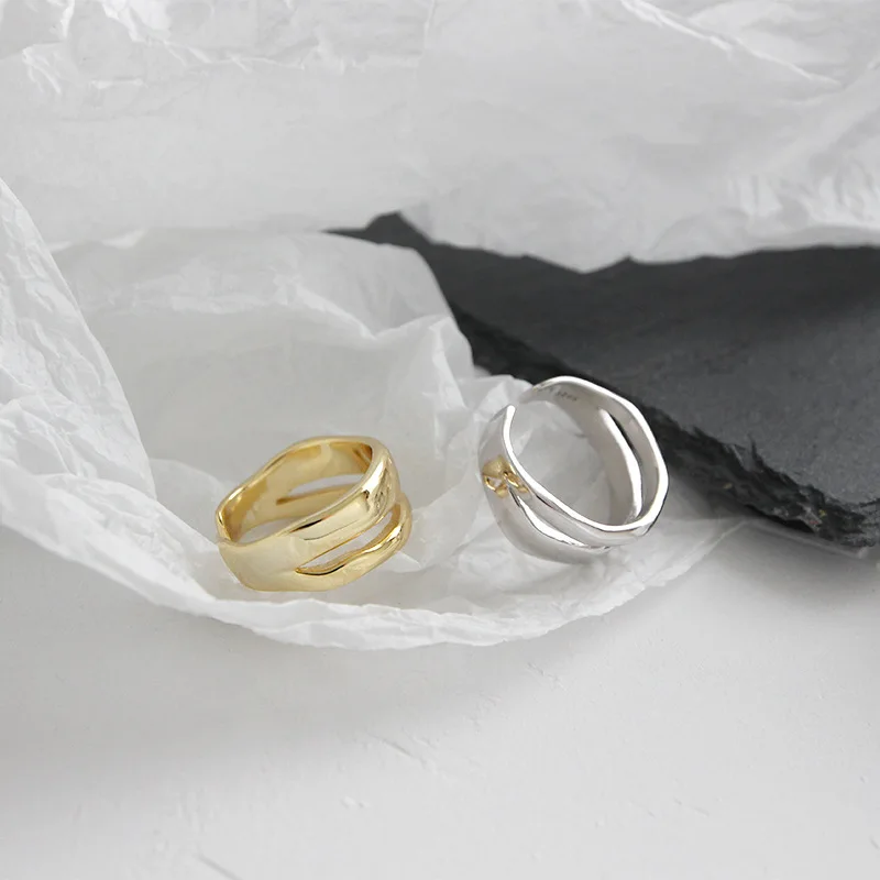 Silvology Neteisėto Dvigubo Sluoksnio Linijos Žiedai 925 Sterlingas Sidabro, Aukso Blizgi Tekstūra Korėja Žiedai Moterims 2019 Elegantiškas Papuošalai