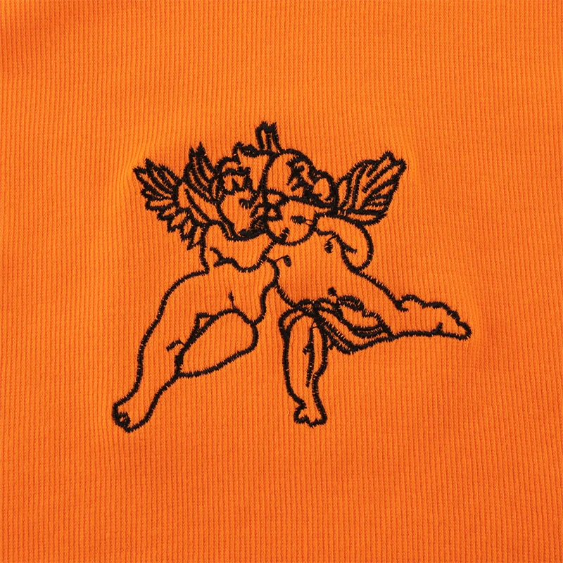 Siuvinėjimas Rankovių Tankų Moterų Vasaros Atsitiktinis Apkarpyti Viršūnes Tees Mados Streetwear Orange Croptop Medvilnės Angelas