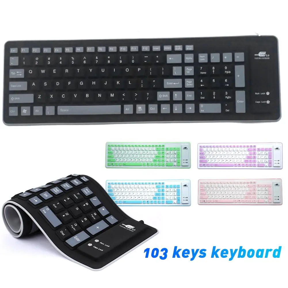 Sulankstoma Klaviatūra atspari Vandeniui USB Laidinė Klaviatūra 103 Klavišą Silikonas Švelnus Tylus Raktai, KOMPIUTERIO Klaviatūra