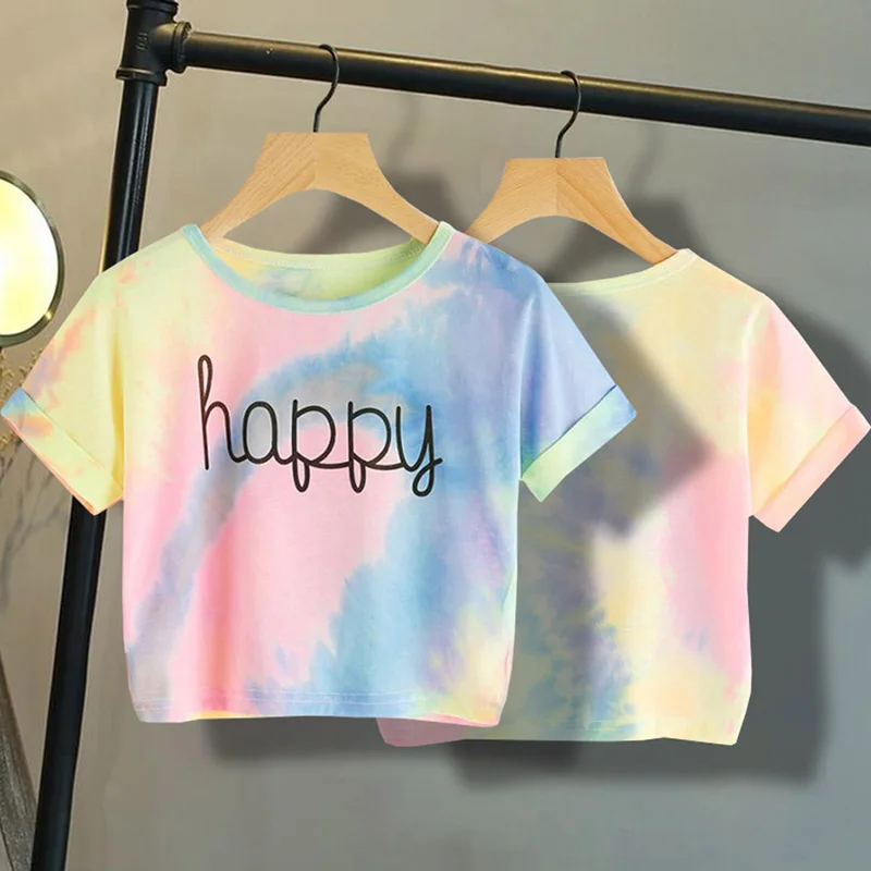 T Shirts Moteris Viršūnes Atsitiktinis Merginos Laimingas Laiškas Išspausdintas Trumpas pasėlių viršuje moterų harajuku Vaikų 2020 Metų Vasaros trumpomis Rankovėmis Tees