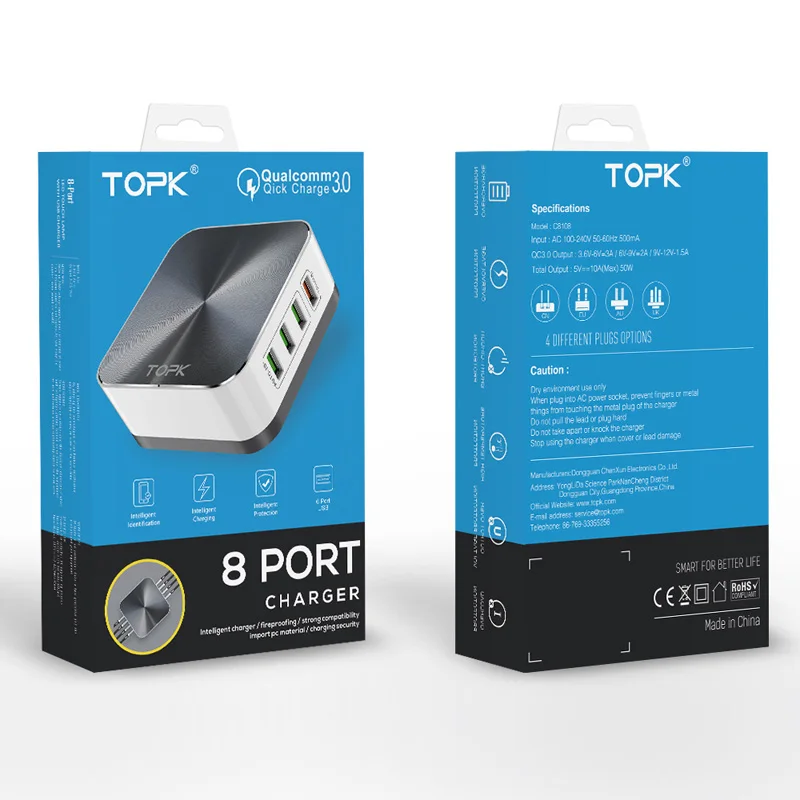 TOPK 8-Port Greitai Įkrauti 3.0 USB Įkroviklis ES MUS UK AS Plug Darbalaukio Greitas Telefonas, Įkroviklis, Adapteris, skirtas 