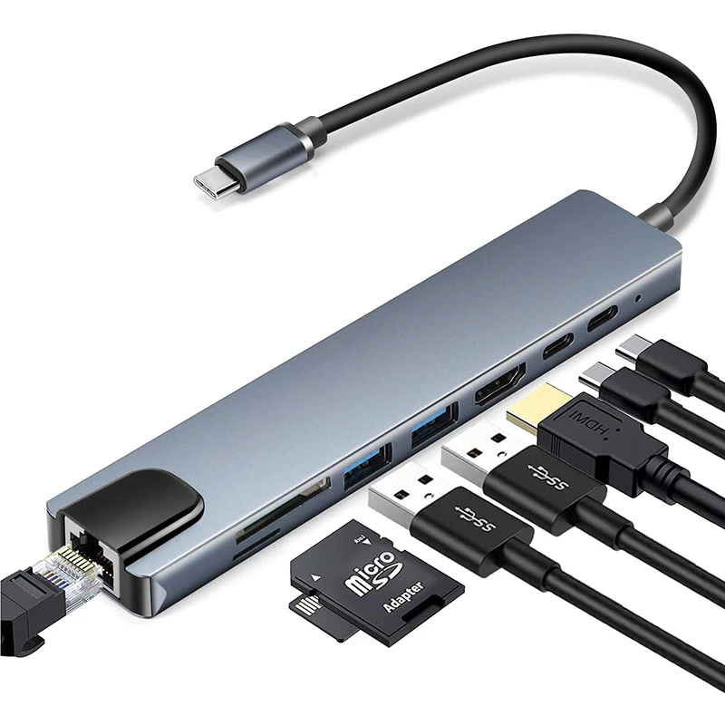 USB Docking Station 8 1 Tipo C iki 4K HDMI, RJ45 Docking Station USB 3.0 TF PD Įkroviklis Hub Adapteris Greitas Įkroviklis Doko Stotis