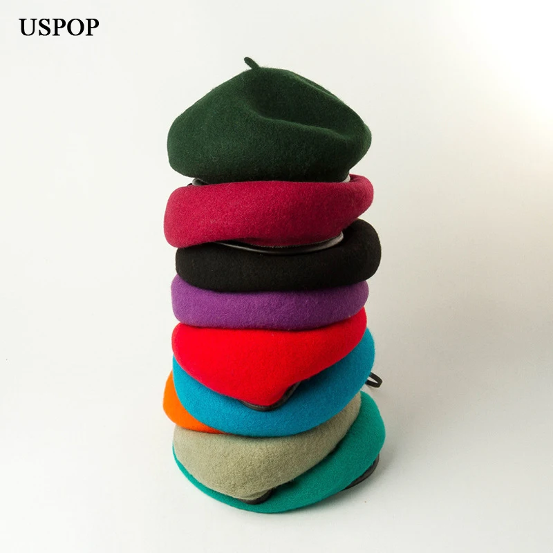 USPOP moterys storos vilnos beretės reguliuojamas PU privalomas beretė skrybėlę moterų vilnos kepurės rudenį vientisos spalvos kepurės žiemą šilta kepurės