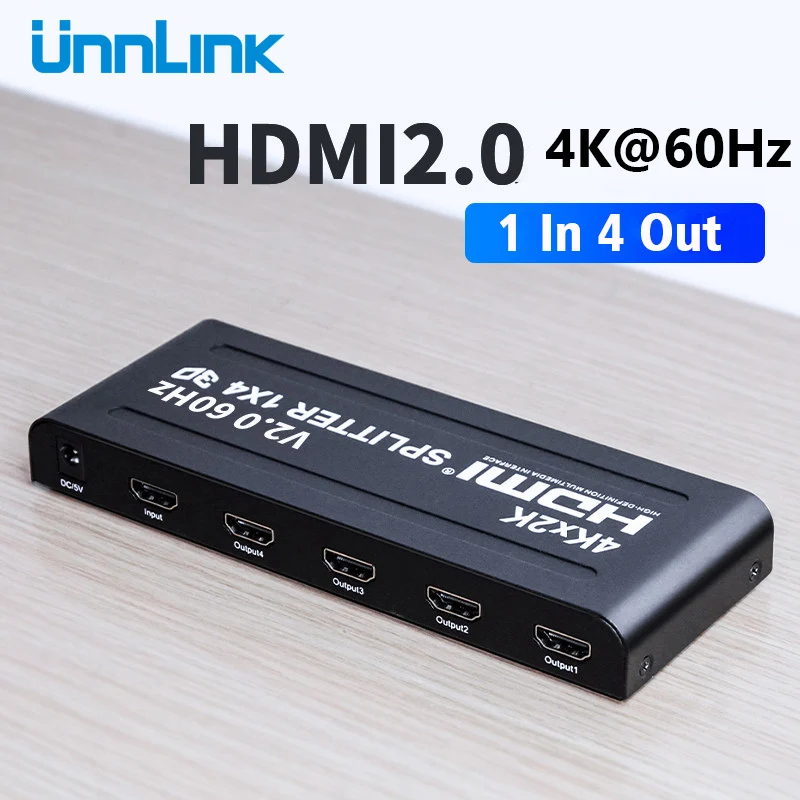 Unnlink 2.0 HDMI Splitter 1X4 4K UHD@60Hz HDCP 2.2 HDMI 1-4 Iš LED TV mi box3 ps4 monitorius, projektorius, tv box vieno kompiuterio