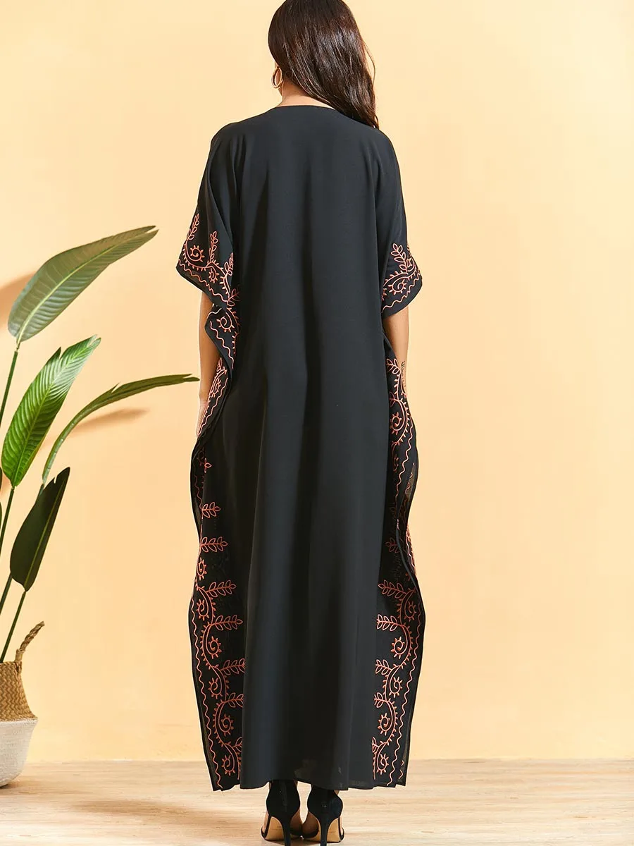 Vasaros gėlių siuvinėjimas abaja batwing vidurio rankovės maxi suknelė moterims afrikos dashiki ramadanas kaftan skraiste EID suknelė VKDR2150