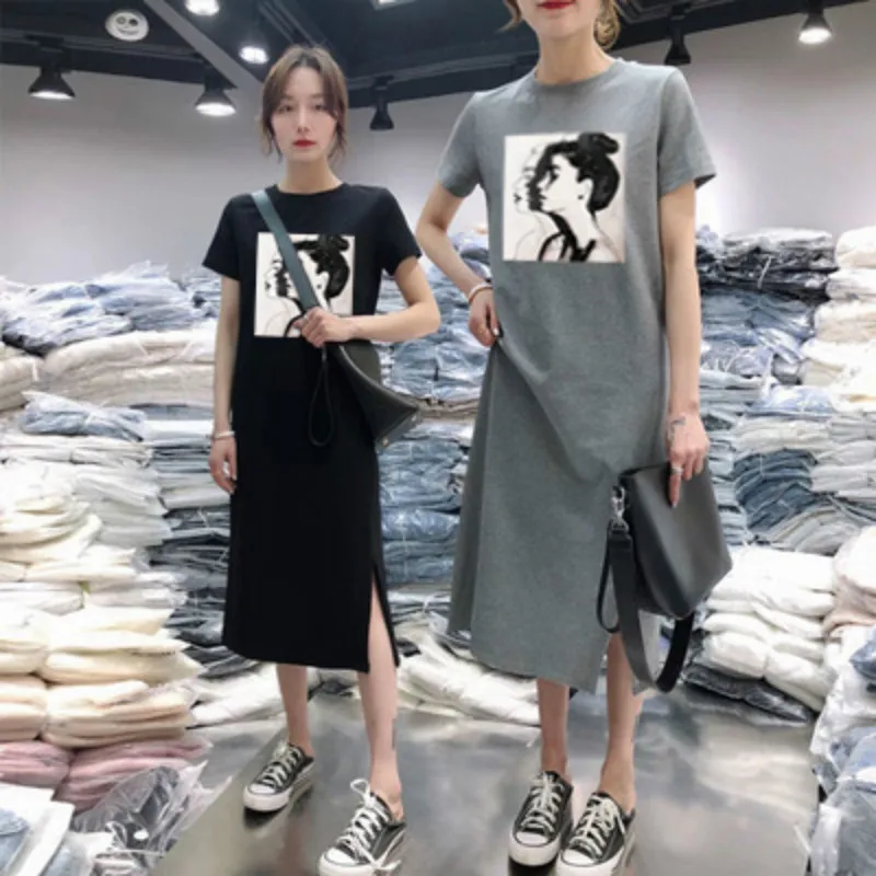 Vasarą Moterys Daisy Suknelė Trumpomis Rankovėmis Atsitiktinis Dugno Spausdinti Midi Black Marškinėlius Suknelės O-Kaklo Moteris Korėjos Drabužių Vestidos 2020 M.