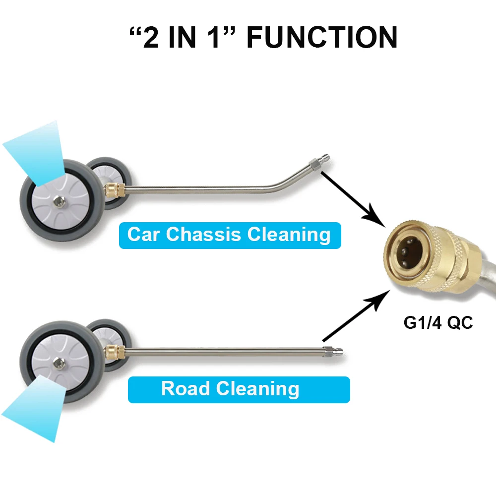 Važiuoklės plovimo automobilių važiuoklės cleaner 2 in 1 funkcija, antgalis su 2 VNT. nerūdijančio plieno lance ventiliatoriaus formos antgalis G1/4 QC