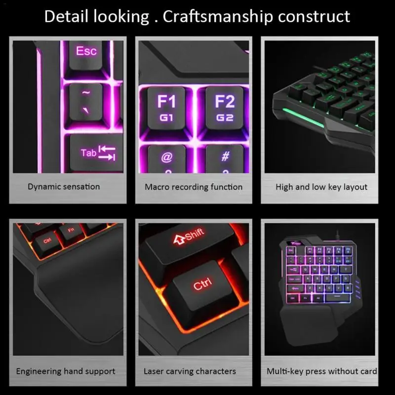 Viena Ranka Mechaninė Žaidimų Klaviatūra LED RGB Apšvietimu Nešiojamas Mini Gaming Klaviatūra Žaidimų Valdiklis Kompiuterių Periferiniai įrenginiai