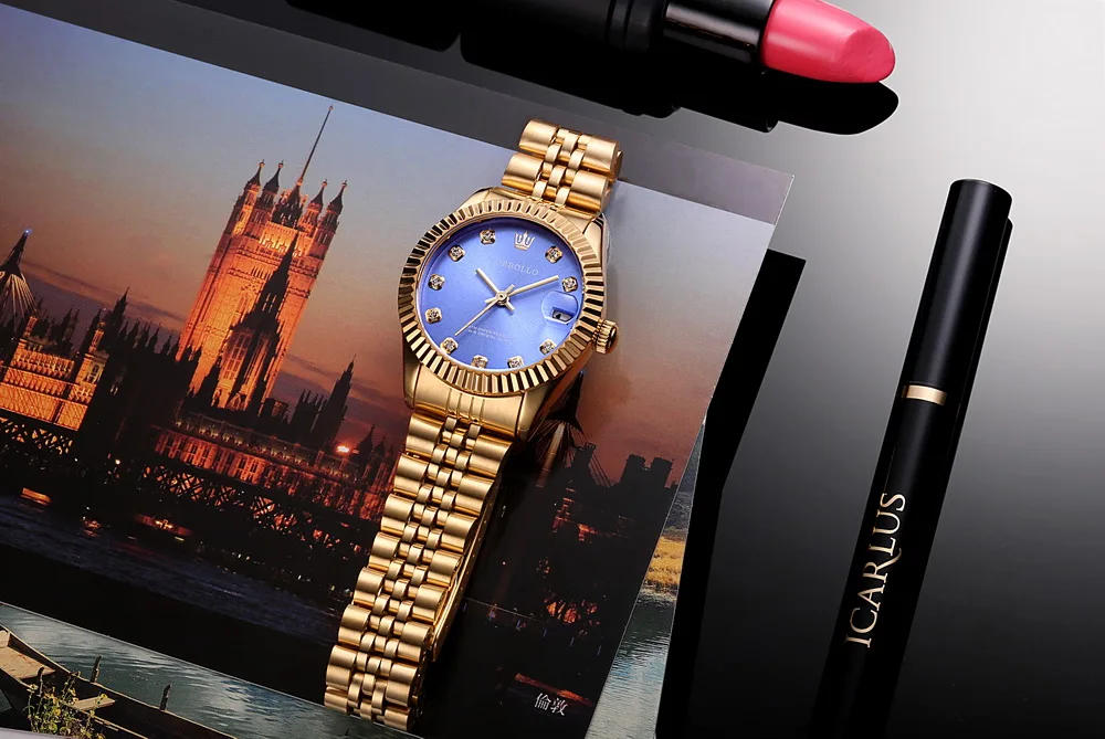 Visiškai Naujas Prabangus Lady Stiliaus Suknelė Plieno apyrankė Visus Aukso Blue Dial Moterų Kvarcinis laikrodis Su Dėžutė
