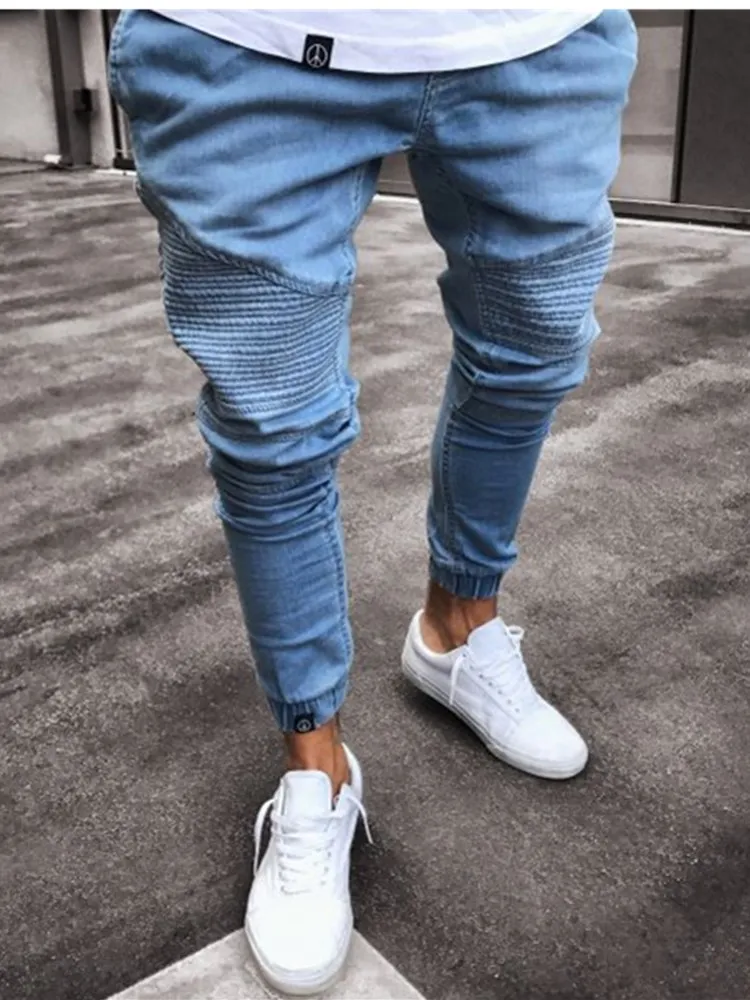 Vyrų Mados Paprasta Mados Atsitiktinis Multi Nėrinių Plisuotos Kojų Privalomų Dizaino vyriški Pieštuku džinsai Juoda balta X-large