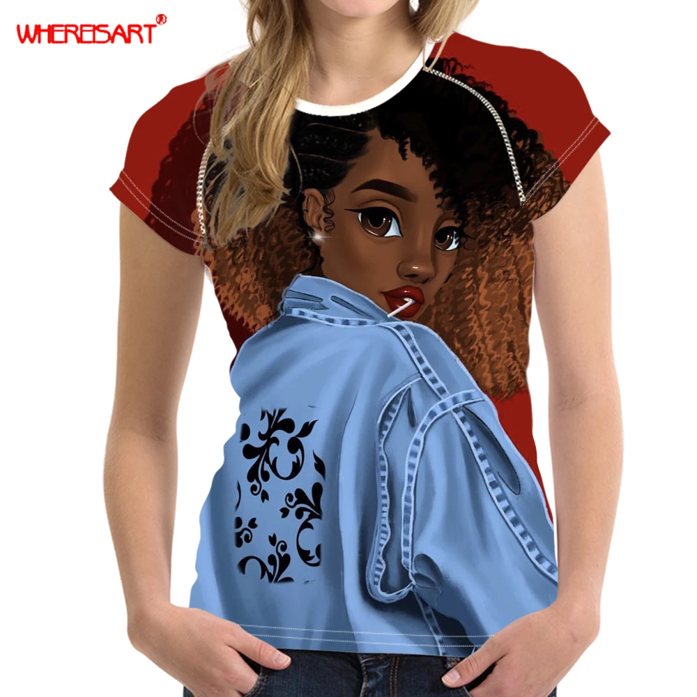 WHEREISART T Marškinėliai Moterims Smūgis Burbuliukų Merginos Marškinėlius Suaugusiems t-Shirt Afrikos Juodieji Mergina Tees Marškinėliai trumpomis Rankovėmis O-Kaklo Viršūnes