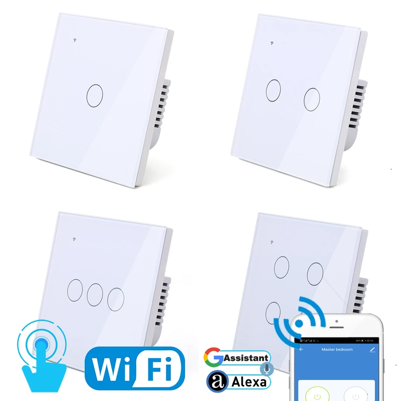 WIFI Touch Šviesos Sienos Jungiklis, Baltas Stiklas, Mėlyna LED Universalus Smart Home Telefonas Kontrolės 2 Gauja 2 Turas relay 