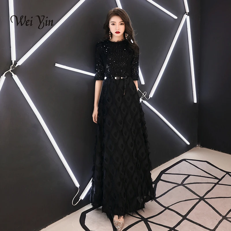 Wei yin 2021 Naujos vakarinės Suknelės Nuotaka Elegantiškas Banketų Juoda Pusė Rankovėmis ir Nėrinių Grindų ilgio Ilgai Prom Šalis, Chalatai WY1342
