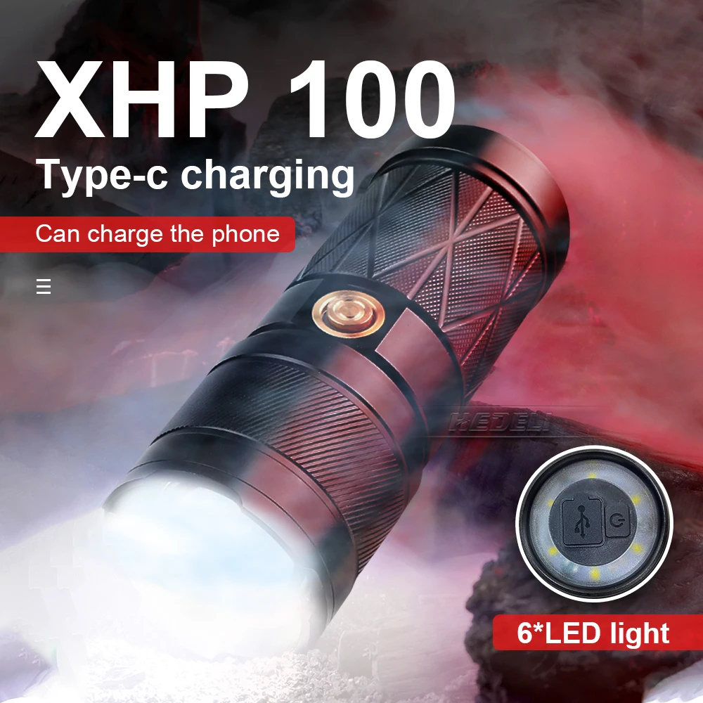 XHP100 + 6 led žibintuvėlį high power led žibintuvėlis šviesos įkraunamas usb vertus lempos super šviesus ilgo nuotolio flash šviesos zoom žibintas