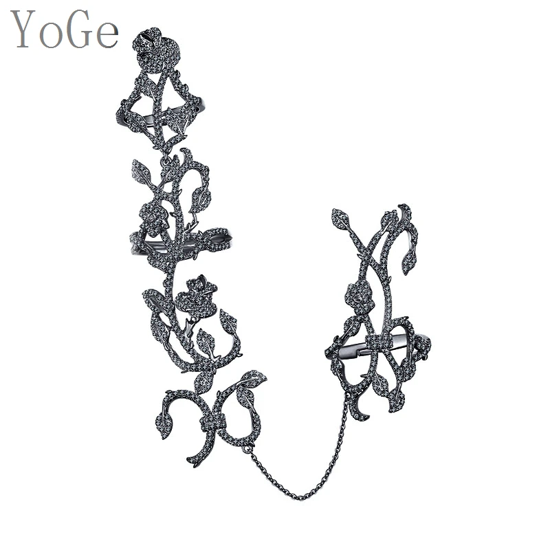 YoGe R1085B Prabanga AAA CZ naujų Nano juoda akmens rožių gėlių kairės pusės dvigubo piršto sąnario žiedas moterims