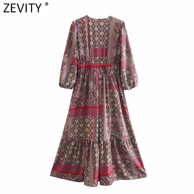 Zevity Naujas moterų vintage v kaklo kontrasto spalvų kratinys paisley spausdinti slim midi suknelė, prašmatnus moterų vestidos šalis suknelės DS4172