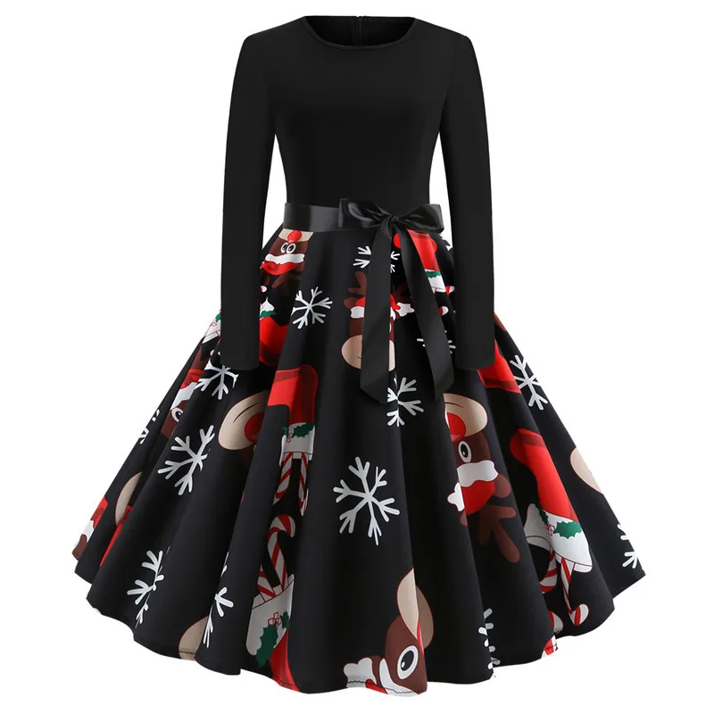 Žiemą Moterys Kalėdų Suknelė Vintage Drabužius, Sūpynės Elegantiškas Šalis Kalėdos Atsitiktinis Ilgomis Rankovėmis Plius Dydis Spausdinti Black Naujųjų Metų Sundress